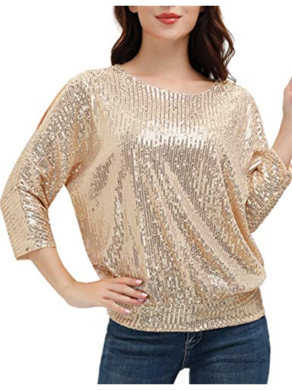 3/4 Sleeve Sequin Tunic Top Women Party Sparkle Blouse